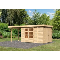 Karibu Gartenhaus Retola 4 inkl Anbauschrank und Anbaudach 2,40 Meter naturbelassen