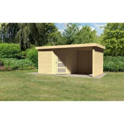 Karibu Gartenhaus Schwandorf 3/5 mit Anbaudach 220 cm und Seiten-/Rückwand 462 x 246 x 218 cm braun