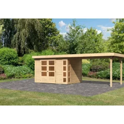 Karibu Gartenhaus-Set Kerko 4 mit Anbaudach 2,8 m naturbelassen