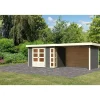 Karibu Gartenhaus-Set Kerko 4 mit Anbaudach 2,8 m mit Seiten- und Rückwand terragrau
