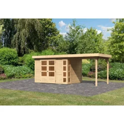 Karibu Gartenhaus-Set Kerko 4 mit Anbaudach 2,4 m naturbelassen