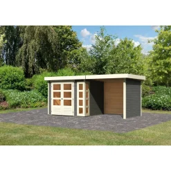 Karibu Gartenhaus-Set Kerko 3 mit Anbaudach 2,4 m mit Seiten- und Rückwand terragrau