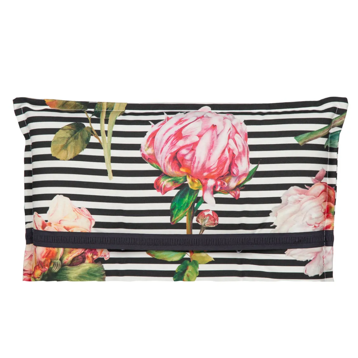 Liegen-Saumauflage Toronto BE129 rosé/pinke Pfingstrosen auf schwarz-weißen Streifen