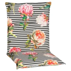 Saumauflage Toronto BE129 Niederlehner rosé/pinke Pfingstrosen auf schwarz-weißen Streifen