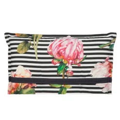 Saumauflage Toronto BE129 Niederlehner rosé/pinke Pfingstrosen auf schwarz-weißen Streifen