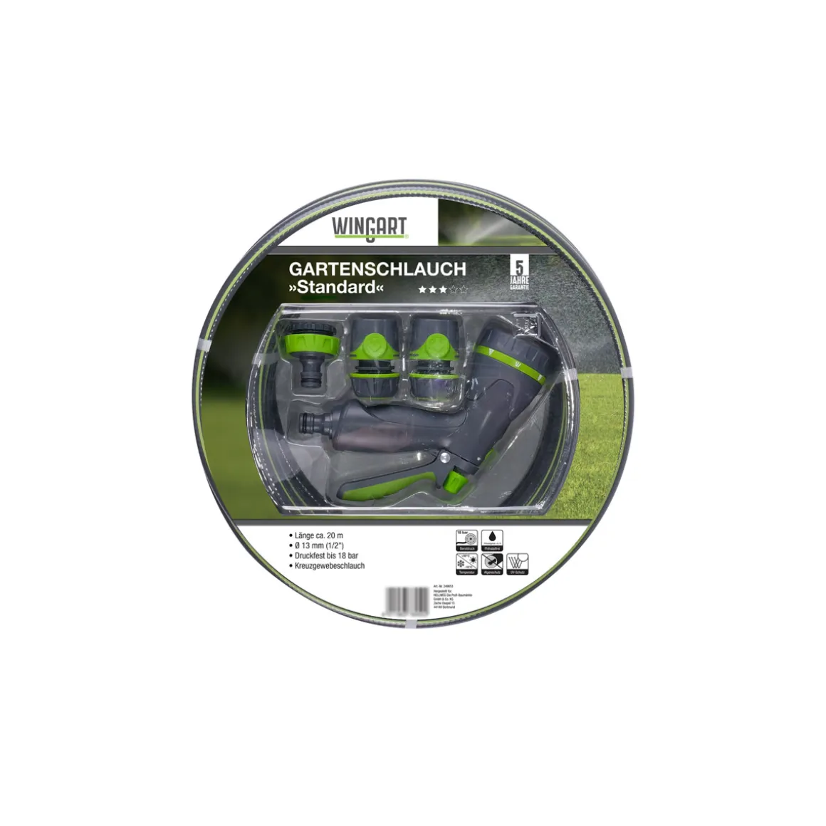 Wingart Gartenschlauch Standard grau mit grünen Streifen 1/2" 20 m mit Anschlüssen